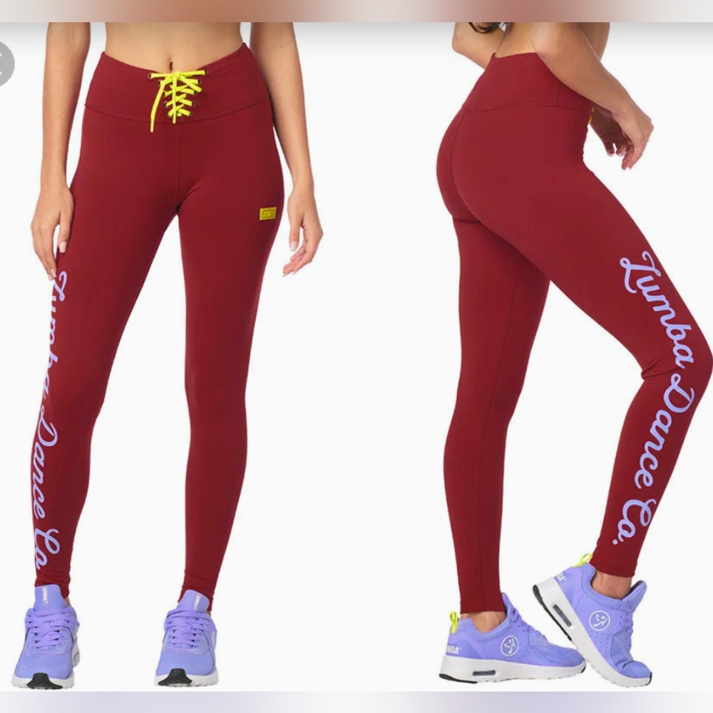 Zumba Dance Co Laced Up Waistband High Waist Ankle Leggings size XXL NWOT Red